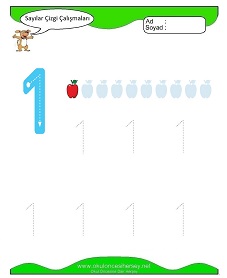1 Rakamı Çizgi Çalışmaları Çalışma Sayfaları